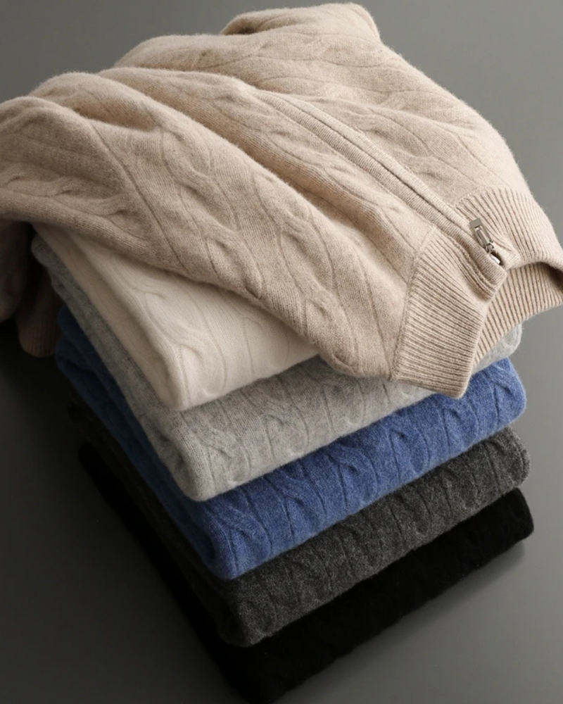 MAGLIONE HALF ZIP A TRECCE IN MERINO